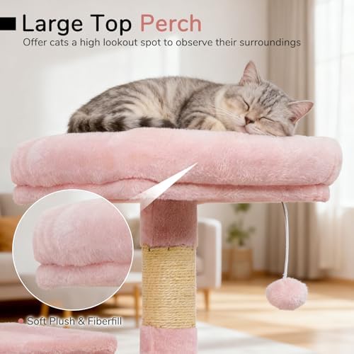 DORTALA Cat Tree for Indoor Cats, 44" Modern Cat Tower with Top Perch, Condo, Hammock, Sisal Scratching Posts, Dangling Balls, Platforms, Multi-Level Pet Climbing Furniture Playground (Pink) - Image 4