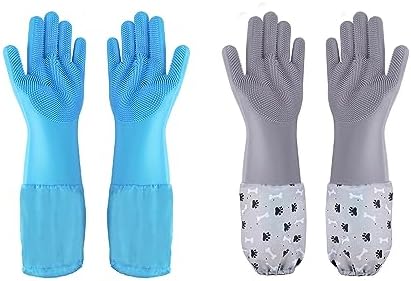 Pet Grooming Gloves Pet Hair Remover Cat, Dog Washing Gloves Silicone Heat Resistant Cleaning Gloves with High-Density Teeth Grooming Gloves for Dogs, Cats, Horses (2 Pairs - Blue & Gray) by 1TO3GO