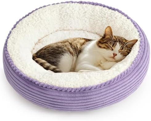 Love's cabin Round Donut Cat and Dog Cushion Bed, 20in Pet Bed for Cats or Small Dogs, Anti-Slip & Water-Resistant Bottom, Soft Durable Fabric Pet beds, Washable Luxury Cat Dog Bed Lavender Stripe by Lovescabin