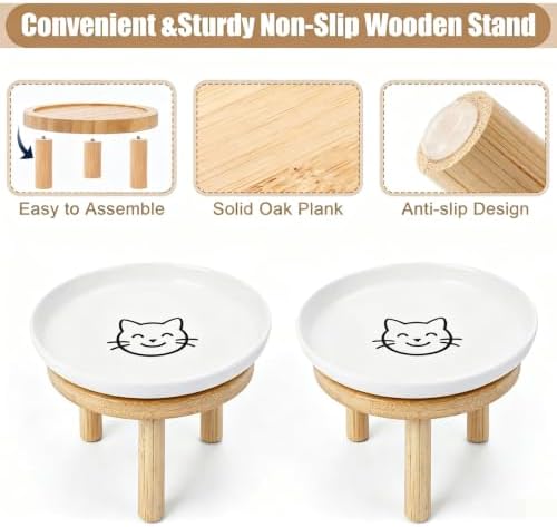 Elevated Cat Bowls with Bamboo Stand, Ceramic Raised Cat Bowl Set of 2, 5.9 Inch Whisker Friendly Anti Vomiting Cat Food Bowls for Dry and Wet Food - Image 3