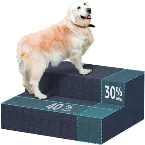 YENING Large Dog Stairs for High Beds - Extra Wide Pet Steps for Large Dogs to Get on Tall Bed 3 Deep Step Cat Ramp for Couch 2 Steps Navy Blue by YENING