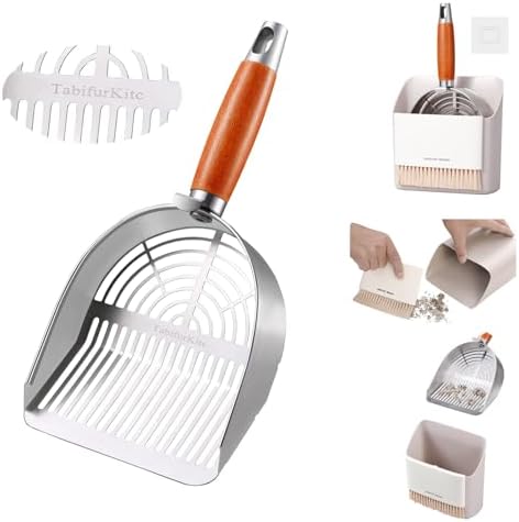 Custom 40% Thicker Side Edges 304 Stainless Steel Metal Cat Litter Scoop with Holder Stand Small Broom & Dustpan - Durable, Anti-Break Handle by Unknown