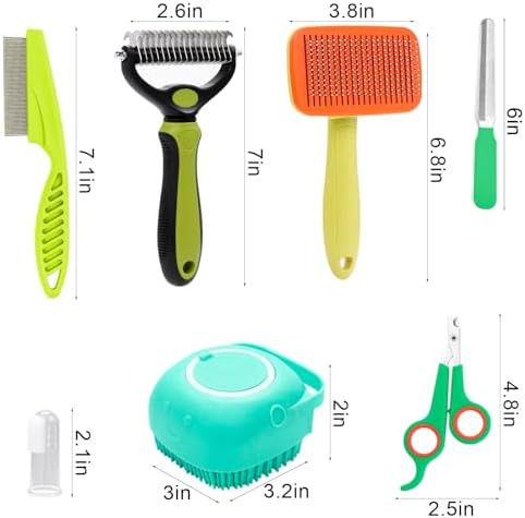 VCZONE 8 Pcs Dog Grooming Kit: Nail Clipper, Flea Comb, Shampoo Brush, Shedding Brush, Dematting Comb, Silicone Toothbrush (Green) - Image 2