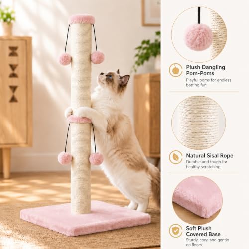 Dimaka Cat Scratching Post, Cat Scratcher for Large Cats with Teasing Toy Ball (Pink, 29 inches for All Cats) - Image 4