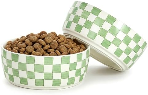 6.4 inch Ceramic Hand Painted Basic Dog Bowl Set of 2 with Anti-Skid Rubber Base, Food and Water Bowls for Small Pets Green by Howise