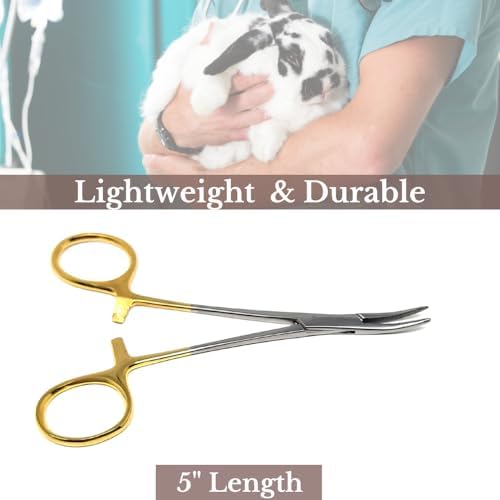 HTI DOG CAT PET HAIR PULLER REMOVER STAINLESS STEEL HEMOSTAT LOCKING FORCEPS 5" CURVED FULL SERRATED (Gold Handle) - Image 2
