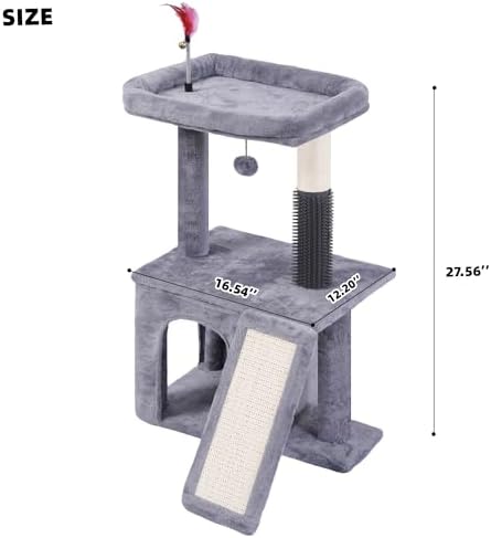 Cat Tree with Self-Grooming Brush and Interactive Toys, Cat Tree Tower for Indoor Cats, Cat Tower with Sisal Scratching Post and Scratching Pads, Cat Condo with Padded Perch, Grey - Image 2