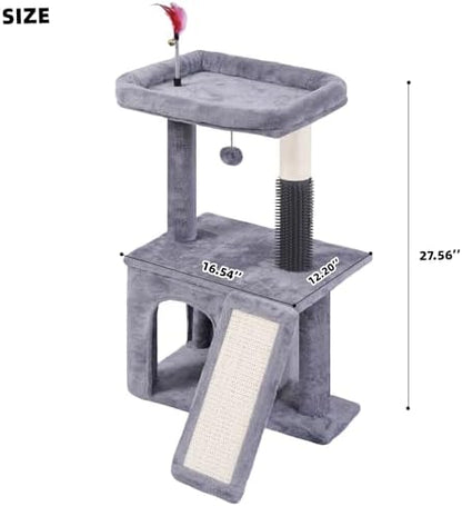 Cat Tree with Self-Grooming Brush and Interactive Toys, Cat Tree Tower for Indoor Cats, Cat Tower with Sisal Scratching Post and Scratching Pads, Cat Condo with Padded Perch, Grey - Image 2