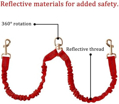 Dual Dog Leash,Double Dog 360 Swivel No Tangle Walking Leash,Comfortable Shock Absorbing Reflective Bungee for Two Dogs（Red） - Image 5