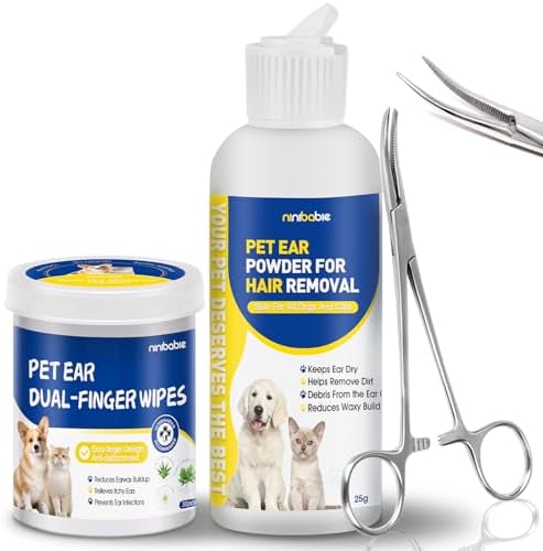 Dog Ear Hair Removal Kit with Ear Powder, Finger Wipes & Forceps by Ninibabie