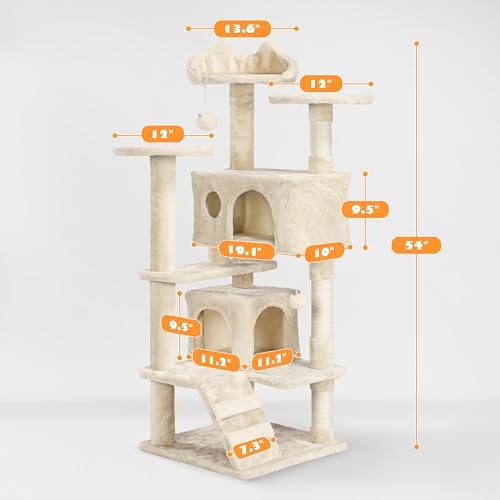 Yaheetech 54in Cat Tree Tower, 2 Caves, Kitten-Ear Perch & Scratching Posts - Image 3
