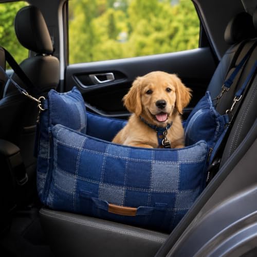 Car Seat for Small Medium Pets with Harness Clip, 4X Safety Feature, Washable, Waterproof Dog Seat for Car, Orthopedic Foam Wrapped with Plush, Canvas Material, Anti-Scratch, Anti Slip - Image 3