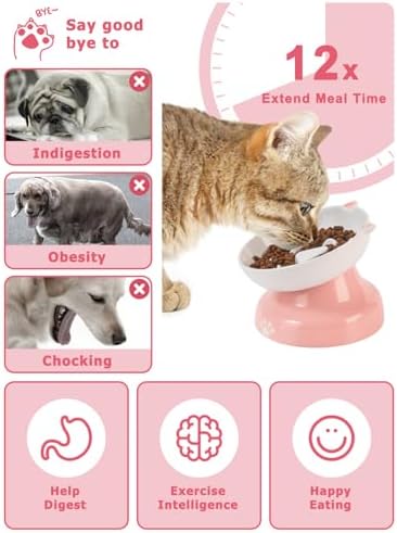 Y YHY Ceramic Slow Feeder Cat Bowl, Elevated Cat Bowl Tilted Design Slow Feeder for Dog and Cat for Dry and Wet Food, Pink - Image 2