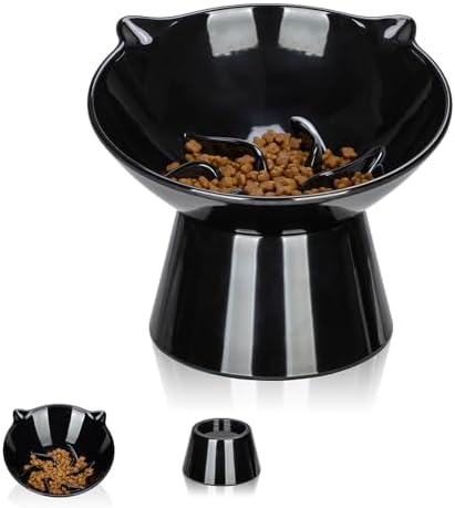 Detachable Slow Feeder Cat Bowl- Elevated Cats Feeder Tilted, 7 Inch Large Extra Wide Raised Cat Food Bowl Whisker Friendly, for Indoor Cats and Small Dogs Anti-Vomiting Black by LuckyPots