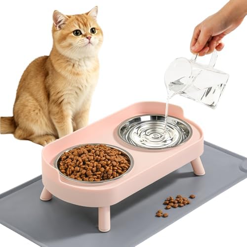 LoeJan Elevated Cat Bowls Set - Raised Cat Food and Water Bowl Set with Non Slip Stand - Pet Feeding Station with 2 Stainless Steel Bowls with Splash Proof Guard by LoeJan