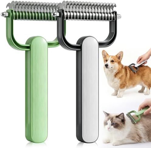 2PCS Double Sided Dematting Comb For Dogs And Cats, Undercoat Rake For Shedding, Detangling And Dematting Long, Matted Fur On Cats And Dogs (Green & Gray) by Unknown