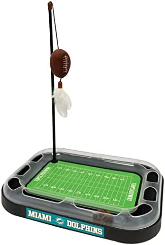 Cat Football Field NFL MIAMI DOLPHINS FOOTBALL FIELD CAT SCRATCHER TOY with CATNIP Filled Plush FOOTBALL Toy & Feather Cat Toy hanging, with Jingle Bell INTERACTIVE BALL Cat Chasing 5-in-1 KITTY Toy by PETSFIRST