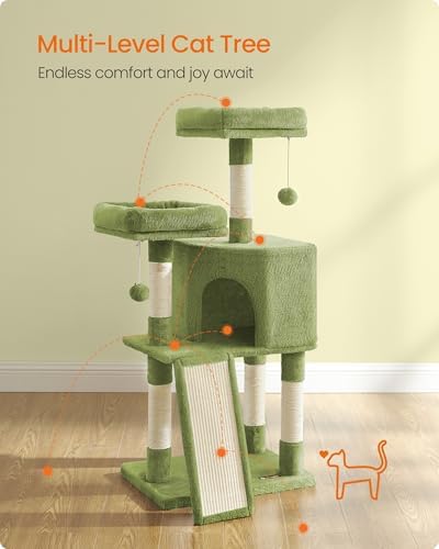 Feandrea Cat Tree, 45.3-Inch Cute Cat Tower, Plush Climbing Condo, Green - Image 4