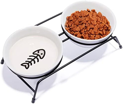 Anti-Vomiting Raised Cat Bowls - 2 × 13 oz Ceramic Cat Food & Water Bowls with Non-Slip Stainless Steel Stand, Dishwasher Safe for Indoor Cats by COMESOON