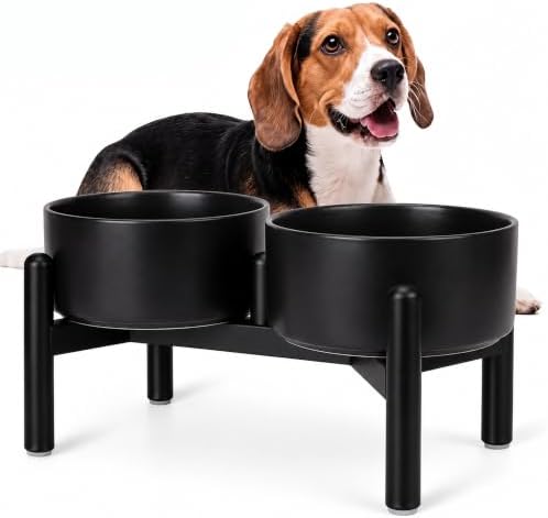 Raised Ceramic Dog Bowl Set with Stand, 3.5 Cups Elevated Dog Food Stand by PTOBER