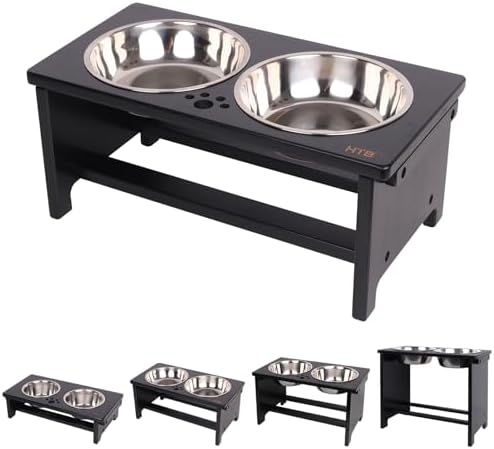 HTB Elevated Dog Bowl Stand with 2 Stainless Steel Bowls-7" H Medium Black by HTB