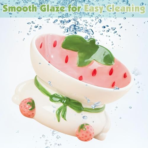 kathson Ceramic Raised Cat Bowl, 15° Tilted Elevated Cat Food Bowl, Raised Cat Food Bowls Anti Vomiting, Small Cat Feeding Bowlswith Stand for Protecting Spine, Strawberry Shaped Cute Kitten Bowl - Image 5