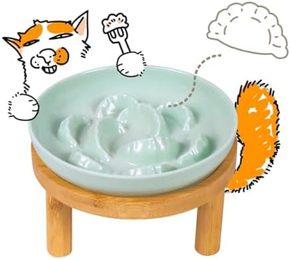 Slow Feeder Bowl, 6.3″ Elevated Cat Bowl with Stand, Melamine Wide Shallow Food Bowl, Whisker-Friendly Raised Plate, Wet Food Feeder for Slow Eating (Green) by FullCharm