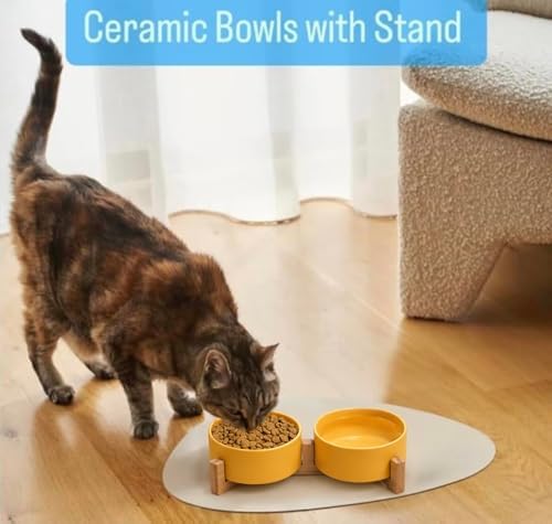 Ceramic Cat and Small Dog Bowl Set – Modern Indoor Small Size Pet Food and Water Bowls with Wood Stand – Non Slip Puppy Sized Feeding Station with Double Dishes (Yellow) - Image 2