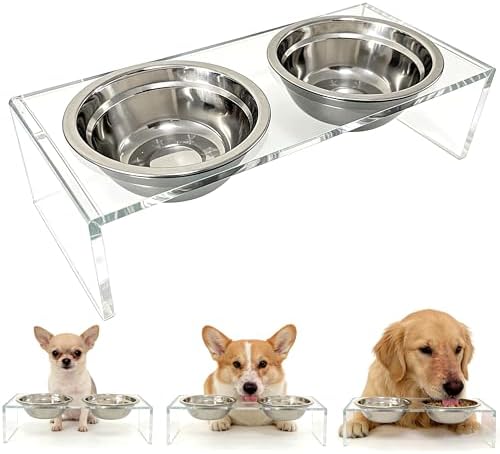 Acrylic&Stainless Steel Dog Bowls,Dog Cat Water Bowl,Acrylicdog Bowl Stands with 2 Removable Stainless Steel Bowls,Pet Feeder Comfortable Mealtime for Dogs & Cats by NICERINCPET