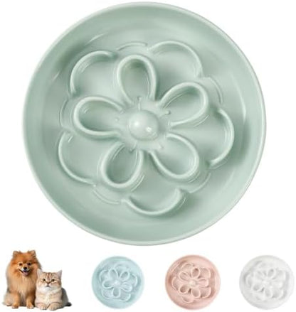 Melamine Cat Slow Feeder Bowl - Floral Maze Cat Food Dish - Flat Plate for Dry & Wet Food - Cute Kitten Bowl - Dishwasher Safe - 6.3'' W x 1'' H - 5.5 oz (160g) - Green by PTOBER