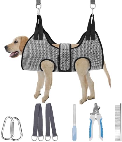 PAWCHIE Dog Grooming Hammock Harness for Dogs & Cats with Pet Nail Clipper Trimmer- Breathable Cat Hanger Sling for Trimming Clipping Nails-Dog Hammock Restraint Bag for Small Medium Large Dog, Grey M by PAWCHIE