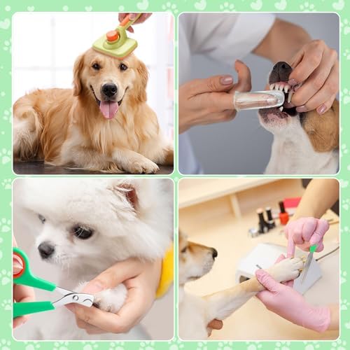 VCZONE 8 Pcs Dog Grooming Kit: Nail Clipper, Flea Comb, Shampoo Brush, Shedding Brush, Dematting Comb, Silicone Toothbrush (Green) - Image 3