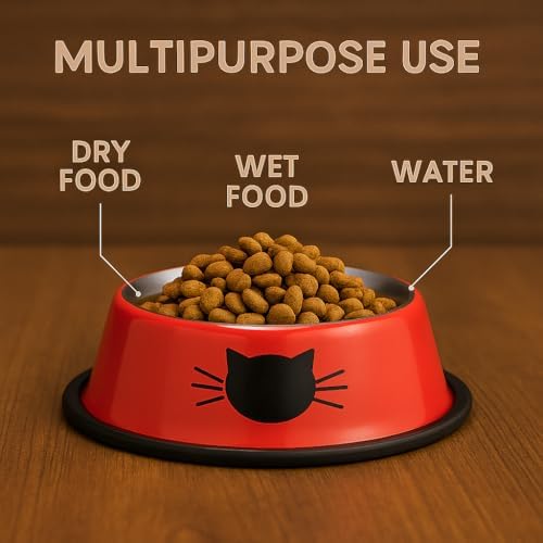 3 Pack Printed Stainless Steel Cat Bowls – 8.1 fl oz Anti-Skid Food & Water Cat Feeding Bowls|Cat Dish for Food and Water Bowl|Cat Feeding Bowl for Kitten (Grey, Black & Red) - Image 5