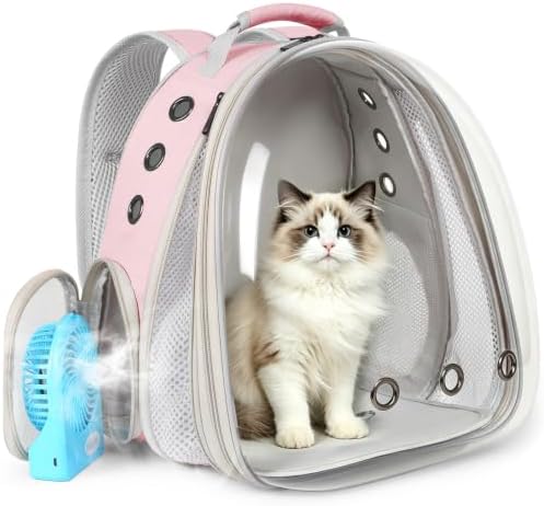 Cat Backpack Carrier with Fan, Space Capsule Astronaut Clear Bubble Front Extension to Carry Transport Cat Small Puppy Bunny, 20 Pounds Cat Bookbag (Pink, Gen 1 + Fan) by halinfer