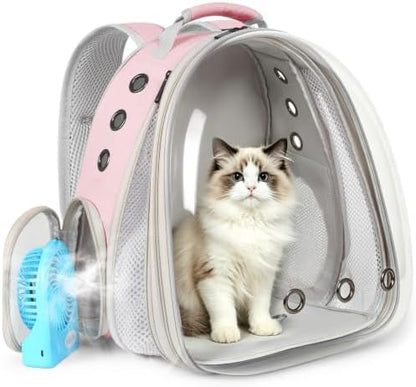 Cat Backpack Carrier with Fan, Space Capsule Astronaut Clear Bubble Front Extension to Carry Transport Cat Small Puppy Bunny, 20 Pounds Cat Bookbag (Pink, Gen 1 + Fan) by halinfer