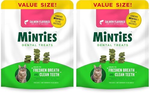 Minties Dental Treats for Cats, Salmon Flavor | 10oz | Pack of 2 | Freshens Breath | Controls Tartar by Minties