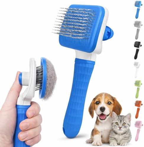 Generic Pet Grooming Brush, Blue - Self Cleaning Hair Brush for Dogs and Cats, Removes Loose Undercoat, Bristles with Massage Particles, Ergonomic Handle, For Long or Short Hair Breeds by Unknown