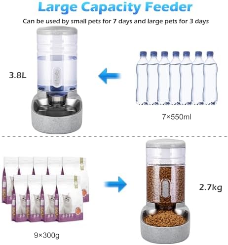 Automatic Cat Feeder and Water Dispenser with Stainless Steel Bowl Gravity Food Feeder and Waterer Set for Small Medium Dog Puppy Kitten 1 Gallon x 2(Grey) - Image 3