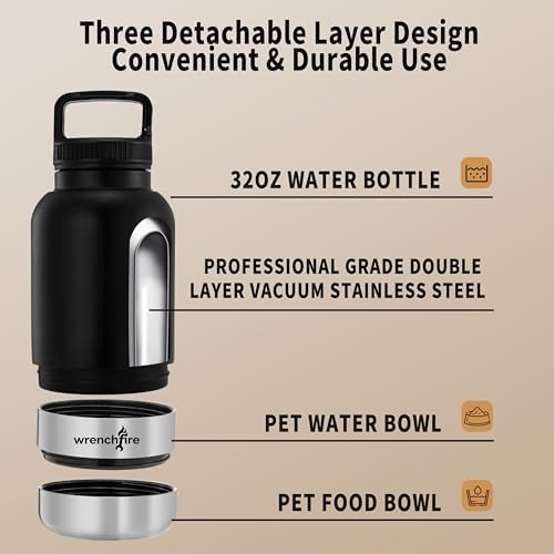 32 oz Instulated Stainless Steel Dog Water Bottle with 2 Detachable Bowls,Portable Cat Travel Dispenser with Brush for Walking Hiking Camping,Black - Image 5