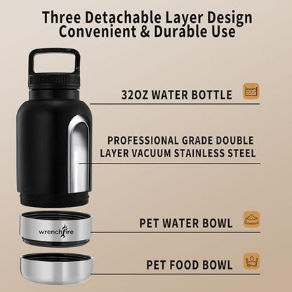 32 oz Instulated Stainless Steel Dog Water Bottle with 2 Detachable Bowls,Portable Cat Travel Dispenser with Brush for Walking Hiking Camping,Black - Image 5