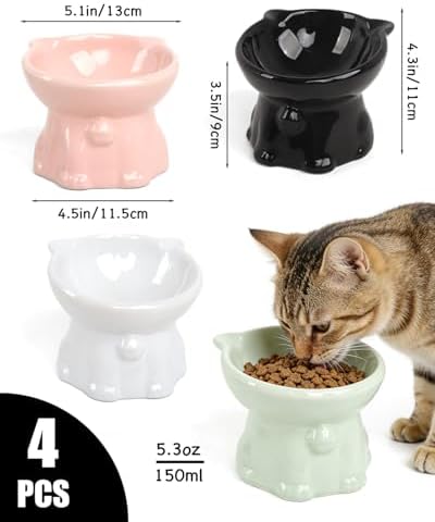 Ceramic Elevated Cat Bowls, 4 Pack 5 Oz Whisker Friendly Cat Bowls Cats Food Bowl Cats Food Dishes for Cats, Small Dog, Kitten, Microwave & Dishwasher Safe, 5.1 x 4.3 inch - Image 2