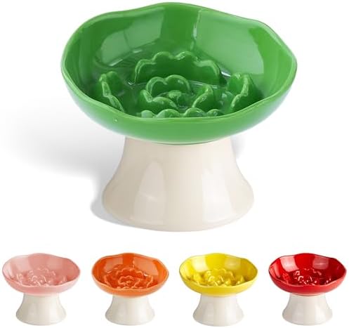 Ceramic Slow Feeder Bowl for Cats and Small Dogs, Elevated Tilted Pet Food Dish, Whisker Friendly Anti-Vomit Design, Heavy Stable Base, Dishwasher Safe， 5 Colors Options (Leaf Green) by Trundisan