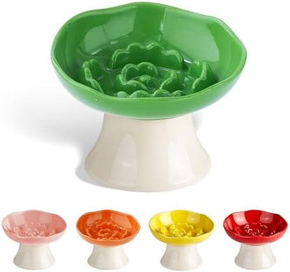 Ceramic Slow Feeder Bowl for Cats and Small Dogs, Elevated Tilted Pet Food Dish, Whisker Friendly Anti-Vomit Design, Heavy Stable Base, Dishwasher Safe， 5 Colors Options (Leaf Green) by Trundisan