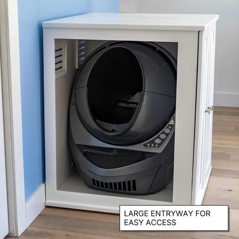 THE REFINED FELINE Refined Self-Cleaning Litter Box Cabinet, Wooden Cat Litter Box Enclosure for Automatic Litter Boxes, White, Modern.
