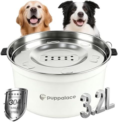 3.2L/108oz No Spill Dog Water Bowl Stainless Steel White by Puppalace