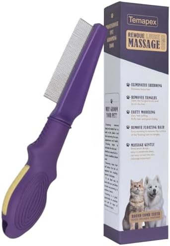 Pet Flea Comb for Dogs & Cats,Removes Tangles & Flea, Tear Stain Removal, Stainless Steel Metal Teeth, Non-slip & Anti-static Rubber Handle, Safe & Gentle Pet Grooming Comb by Temapex