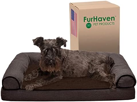 Furhaven Memory Foam Dog Bed for Medium/Small Dogs w/ Removable Bolsters & Washable Cover, For Dogs Up to 35 lbs - Sherpa & Chenille Sofa - Coffee, Medium by FurHaven