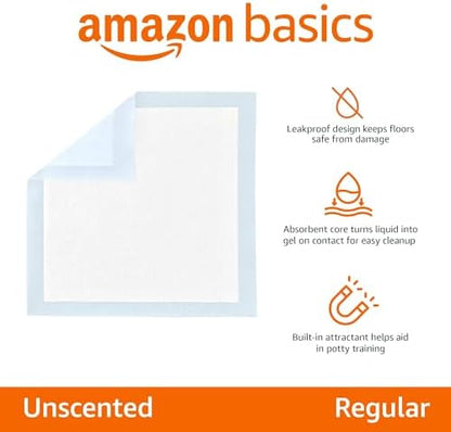 Amazon Basics Leak-Proof Dog and Puppy Potty Training Pee Pads with Quick-Dry 5-Layer Super Absorbent Design, Regular Size 22 x 22 inch, Blue & White, 100 Count - Image 2