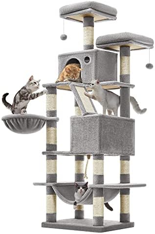 Feandrea Cat Tree, 66.1-Inch Large Cat Tower, Multi-Level Condo, Light Gray by FeandreabySONGMICSHOME