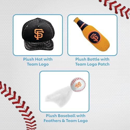 BEST PLUSH CAT TOY - MLB SAN FRANCISCO GIANTS Complete Set of 3 piece Cat Toys filled with Fresh Catnip. Includes: 1 Baseball Cap Cat Toy, 1 Baseball Cat Toy with Feathers & 1 Beer Bottle. Team LOGO - Image 6